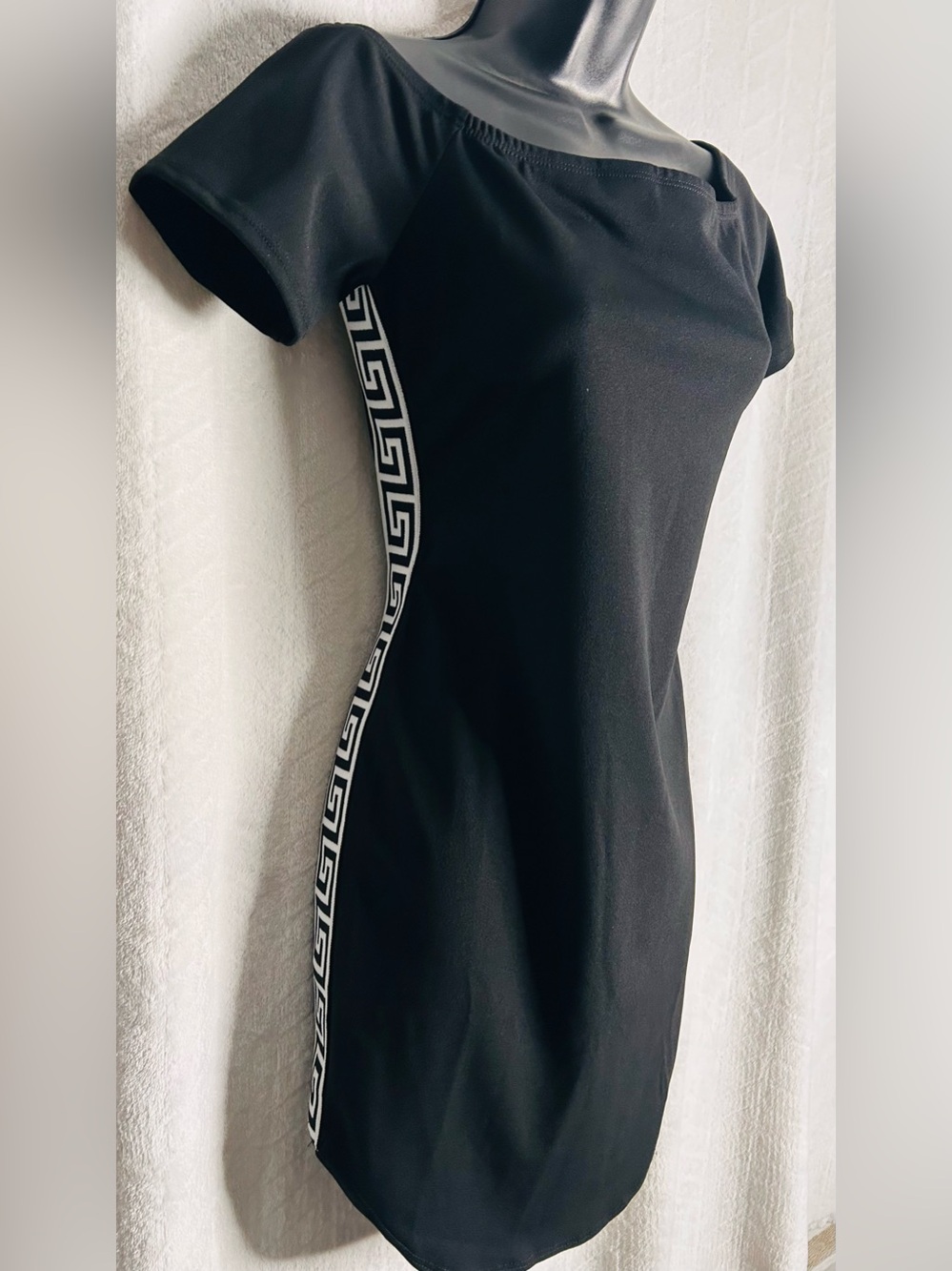 Fashion Nova Black Off-Shoulder Dress with White Greek Key Trim